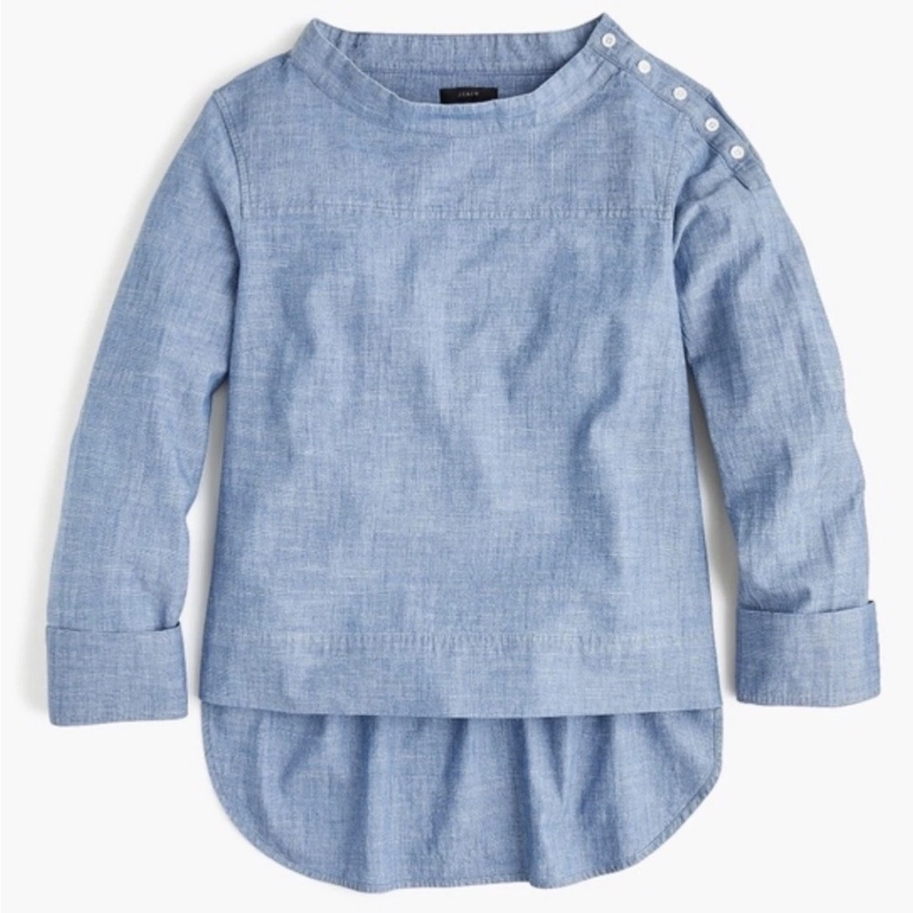 J.Crew Chambray Funnel Neck Top Blue Button Shoulder High-Low Hem Size 8